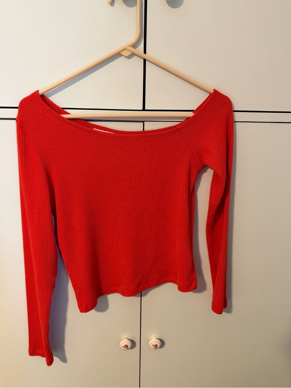 LNA Red Ribbed Off-Shoulder Long Sleeve Top